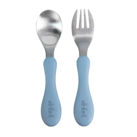 Set Cubiertos de Acero Inoxidable y Silicona para Bebé 2 Piezas - Azul